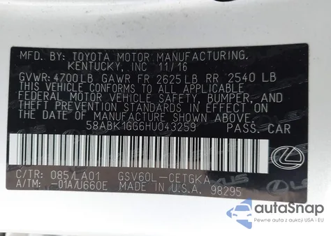 2017 Lexus Es 350 из США, поврежденный, VIN 58ABK1GG6HU043259